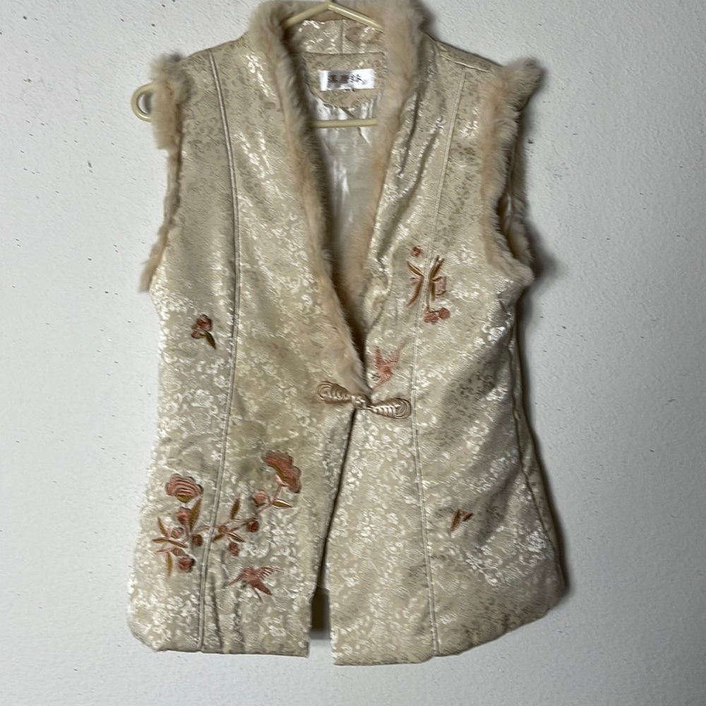 Floral Embroidery Brocade Fur Trim &  Cuffs Chinese Style Thick Waistcoa…